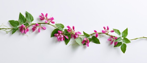 Green Vine with Dried Pink Flowers Isolated on White Background Botanical Element