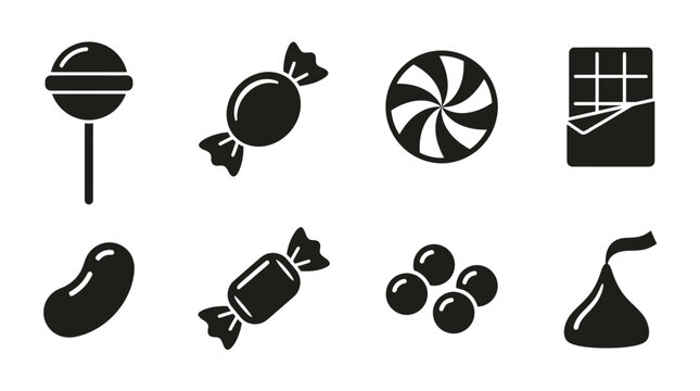 Collection Of Black Silhouette Candy Icons On White Background