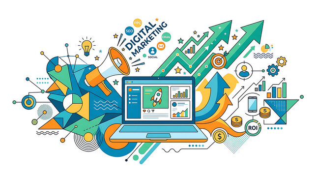 Digital marketing concept illustration with laptop, megaphone, and business growth charts flat vector illustration of online marketing strategy, seo, social media, and roi analysis