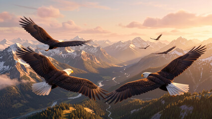 Naklejka premium Eagles are flying in the sunset in a group and creating a friendly environment in mountains and creating a beautiful scene
