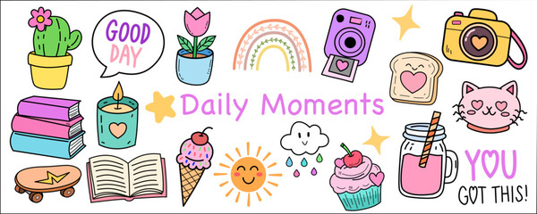 Obraz premium Daily Moments cute sticker sheet vector illustration. Kawaii planner elements clipart pack with cute animals, food, and cozy lifestyle doodles.