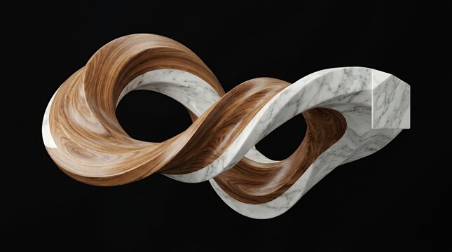Infinity loop sculpture crafted from marble and wood textures.