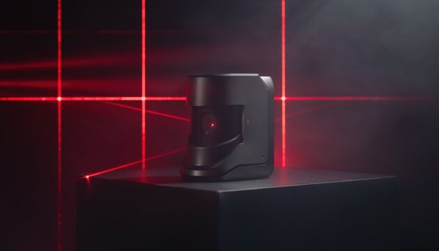 High-Tech Laser Projector Displaying Mesmerizing Red Laser Beams in a Dark Environment with Foggy Atmosphere for Photographic and Visual Design Purposes