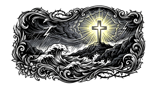Cross on mountain with stormy sea and sun rays tattoo design