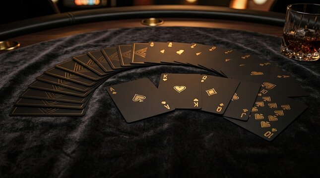 A close-up shot of a deck of black playing cards spread across a velvet surface. The cards feature gold accents and intricate geometric patterns.