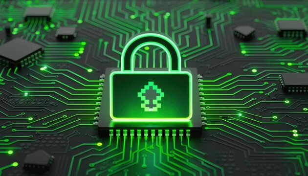 Digital Security Concept with Green Padlock Icon on Circuit Board Background Representing Cyber Protection and Data Safety