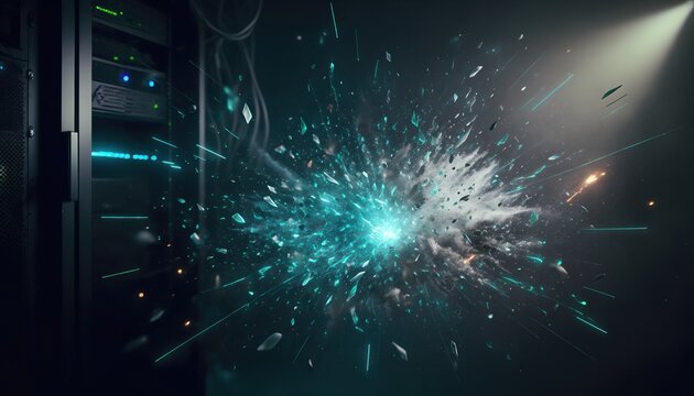 Dynamic Explosion with Digital Shards Emitting from a Server Room in Dramatic Lighting and Technology Background