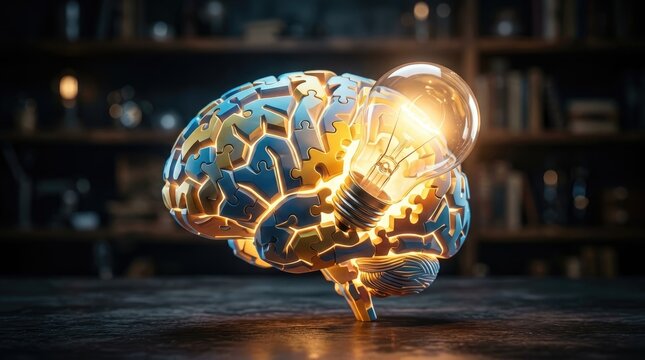 A glowing lightbulb shaped like a human brain is constructed from interlocking puzzle pieces. The brain is illuminated with vibrant orange and yellow light, symbolizing a brilliant idea.