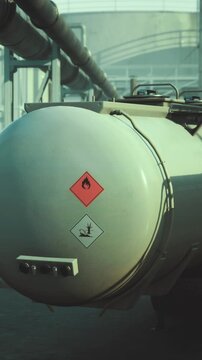 A gas tank with warning signs is situated in an industrial area. The signs indicate flammability and caution for hazardous materials. Industrial structures surround the tank in the background.