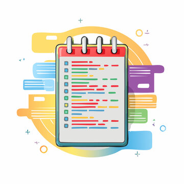 Notebook with colorful code lines and abstract shapes