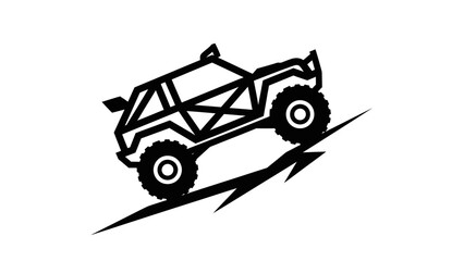 Off-road vehicle climbing a steep incline, black and white illustration. © Surep