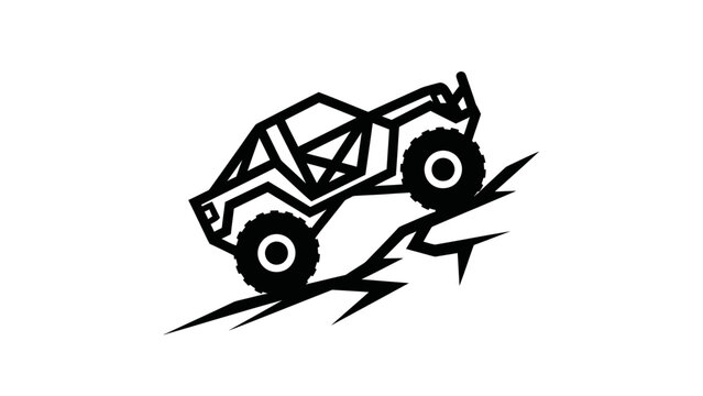 Off-road buggy climbing a cracked terrain, black and white line art illustration.
