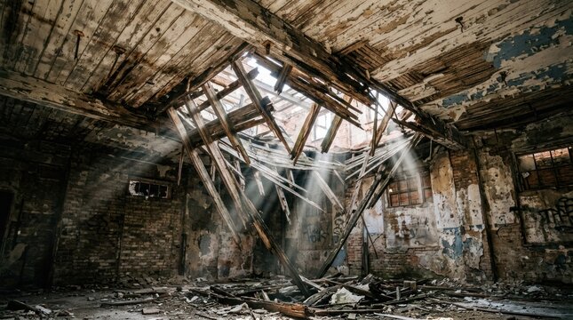 Sunlight streams through a gaping hole in the roof of a dilapidated factory. The interior reveals a crumbling, decaying space with exposed wooden beams, peeling paint, and graffiti.