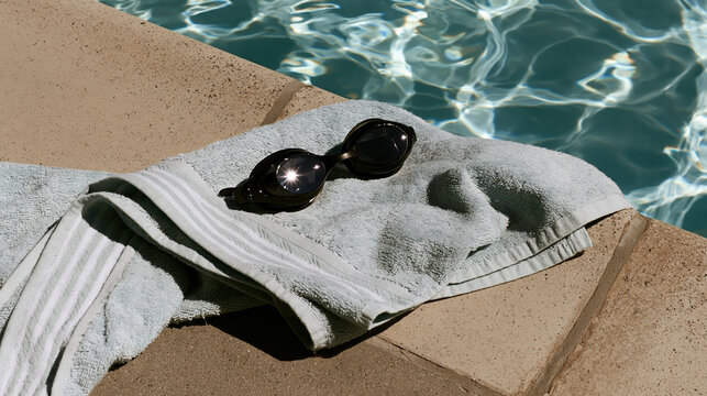 Poolside towel with goggles beside blue water, swimming fitness article hero, calm summer scene