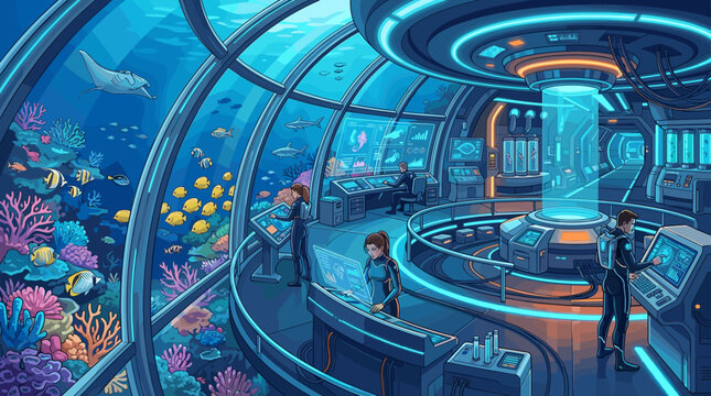 Scientists in a futuristic underwater laboratory research marine life. The high-tech control room views a coral reef. Vector illustration for technology and science.