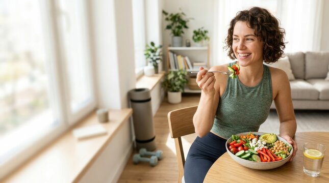 A smiling woman enjoys a healthy salad at a table. She is wearing a gray sports top and black leggings.