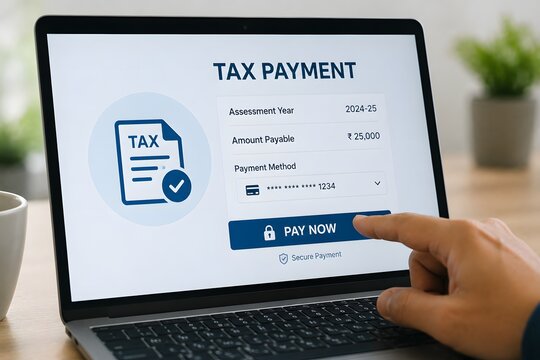 Paying taxes online through a laptop, demonstrating digital finance and tax submission for concept of financial management.