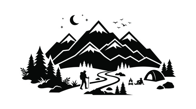Mountain Landscape Silhouette With Hiker And Camping Tent Black On White