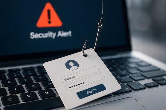 Phishing attack on laptop computer with security alert and login form for concept of cybercrime and data security.
