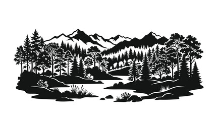 Forest Landscape Silhouette With Mountains And River Black And White © SahinurCreation