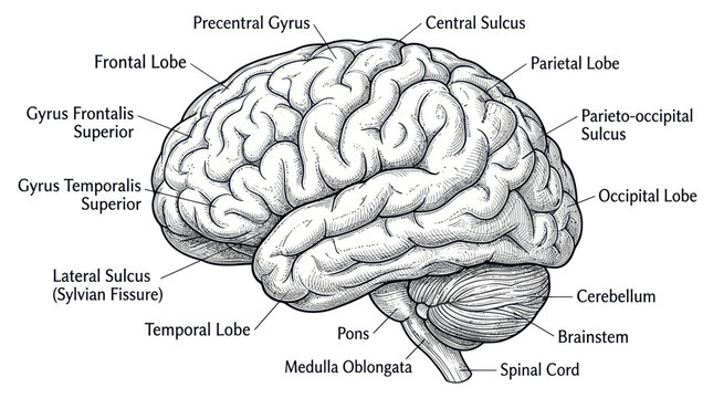 Human Brain Anatomy Diagram with Labels - Detailed Medical Illustration
