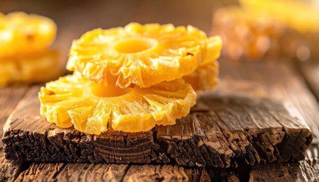 Stacked golden dried pineapple rings with a rustic wooden texture, showcasing tropical sweetness