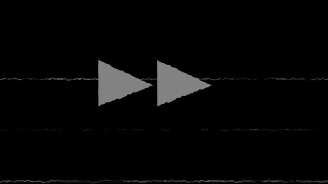 VHS tape forward big arrows icon symbol middle of the screen effect on Black background, film overlay, analog TV Static, overlay footage. 4K Video