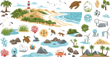 Fototapeta premium Coastal Ecosystem and Island Conservation Vector Collection with Wildlife, Renewable Energy, Marine Habitats and Environmental Sustainability Elements for Education