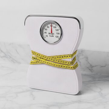 White bathroom scale with yellow measuring tape wrapped around it on marble surface