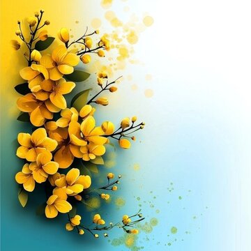Artistic watercolor artwork showcasing konna flowers in a vishu-themed setting.