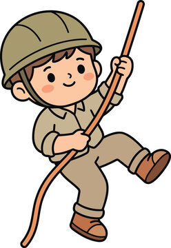 Cute Soldier Climbing Rope Cartoon Flat Vector Illustration with Military Training, Army Character and Adventure Activity Design.