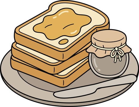 Toast Bread with Jam Flat Vector Illustration with Breakfast Meal, Sweet Spread and Homemade Food Design.