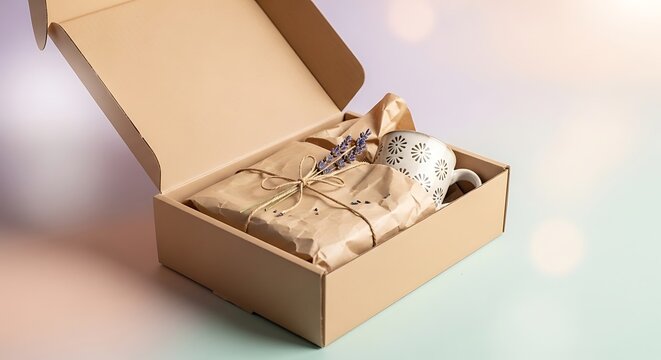Gift wrapped in brown paper box.
