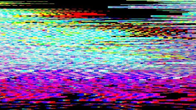 Black glitch with RGB split distortion and chromatic aberration flickering on a seamless loop. Anchors an edgy EDM music video transition, Cyber Monday sale graphic, or VJ loop