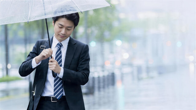 雨の街で透明傘を差しスマートフォンを見る日本人ビジネスマン