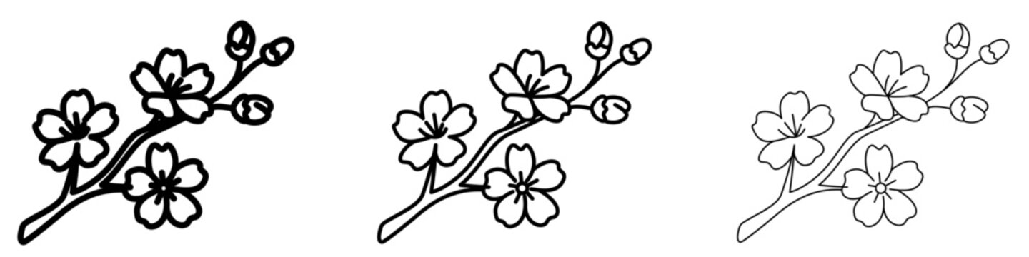 Set of cherry blossom branch icons, symbols for spring, blooming, nature, oriental culture, and decorative design. Vector illustration