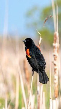 Vibrant Blackbird Perching on Dry Cattail Reeds in Marsh Wetland