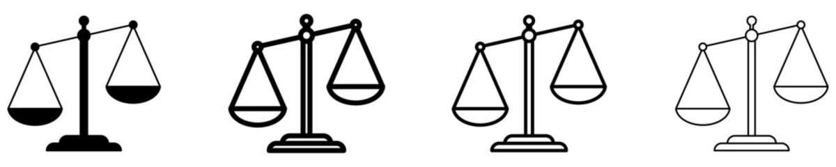 Obraz premium Set of scale icons, symbols for justice, law, balance, equality, and assessment. Vector illustration