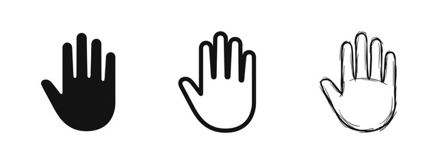 Hand palm icon set in solid, outline, and hand-drawn styles, stop gesture and greeting symbol. © drawing lines
