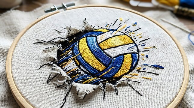 Volleyball embroidery hoop art with 3D textured thread effect volleyball embroidery needlework