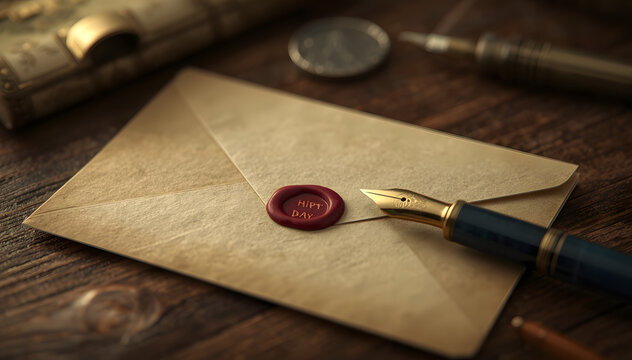 Vintage Fountain Pen and Wax Sealed Envelope on Wooden Desk