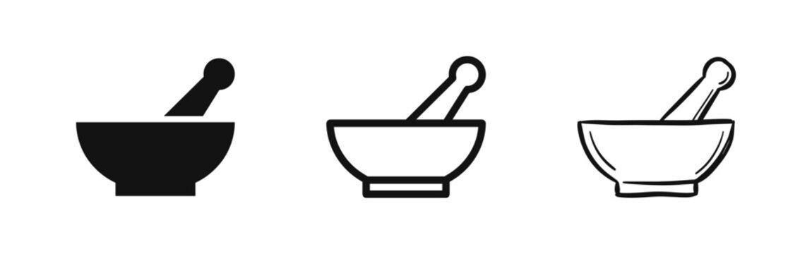 Set of three mortar and pestle icons, representing pharmacy, medicine, or ingredient preparation in various styles.