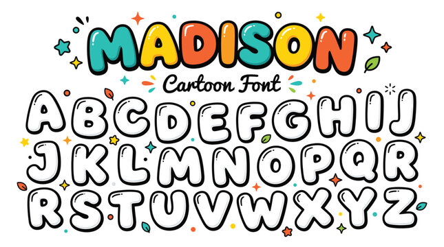 Madison cartoon font, playful bubble alphabet vector set, colorful rounded comic book letters for kids branding and nursery design