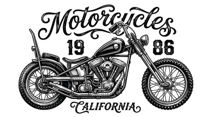 Vintage custom chopper motorcycle vector illustration, retro black and white motorbike emblem with 1986 California text, classic biker garage art © Iconify Studio