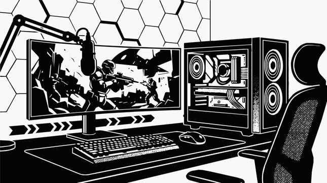 Professional Gaming Setup with Powerful Desktop PC, Condenser Microphone for Streaming, and Action Video Game on Monitor for Esports Enthusiasts