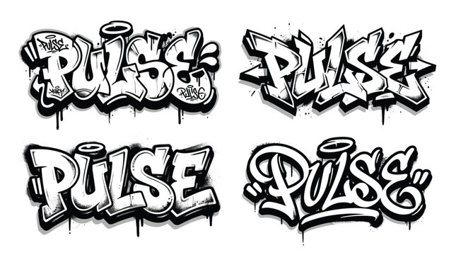 Graffiti pulse word art set, urban street style lettering with drip effects, black and white spray paint typography vector collection