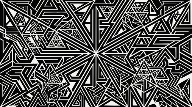 Abstract Geometric Pattern with Intricate Tribal Labyrinth Details and Monochromatic Line Art Elements for Modern Graphic Design Texture.
