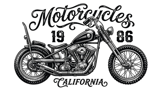 Vintage custom chopper motorcycle vector illustration, retro black and white motorbike emblem with 1986 California text, classic biker garage art