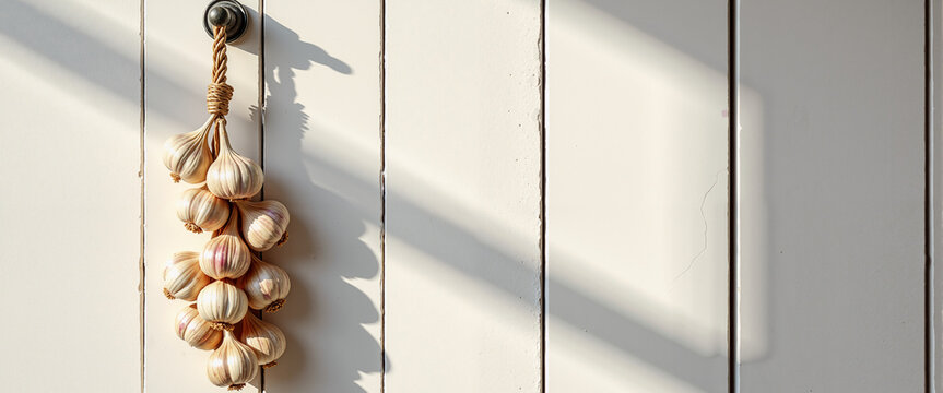 Braided garlic string hanging on wall for rustic kitchen decor and food blog