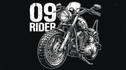 Vintage motorcycle rider 09 illustration, retro biker club emblem on black background, hand drawn custom chopper vector art for apparel © Iconify Studio